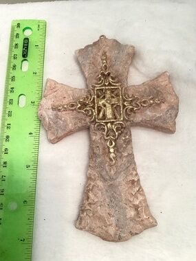 Rustic Chiseled Stone Look Wall Cross with Gold Accent!  7” x 5”